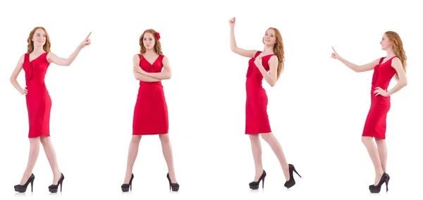 Menina bonita em vestido vermelho isolado no branco — Fotografia de Stock