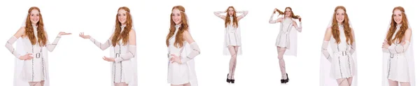 Hezká dáma ve světle okouzlující šaty izolované na bílém — Stock fotografie