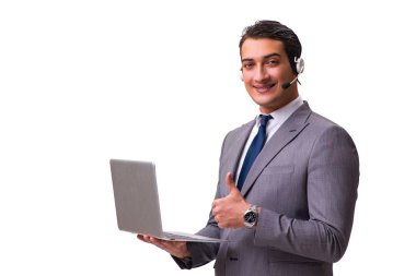Beyaz izole kulaklık ile yakışıklı adam