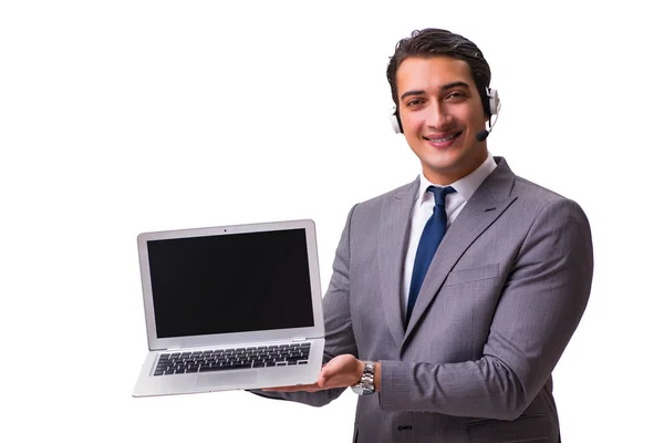 Bello uomo con auricolare isolato su bianco — Foto Stock