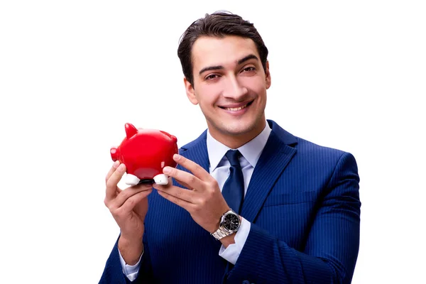 Schöner Geschäftsmann mit Sparschwein auf weißem Hintergrund — Stockfoto