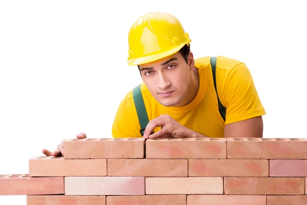 Hermoso trabajador de la construcción edificio pared de ladrillo — Foto de Stock