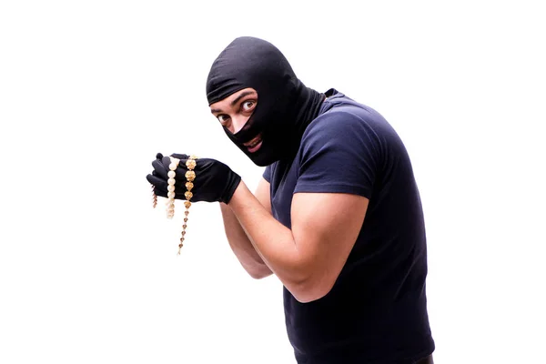 Robber wearing balaclava isolated on white — Stock Photo, Image