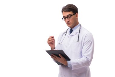 Beyaz arka planda izole genç doktor