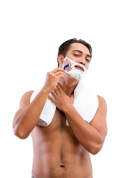 Hombre guapo afeitándose aislado en blanco — Foto de Stock