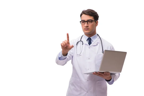 흰색 배경에 고립의 노트북과 의사 — 스톡 사진