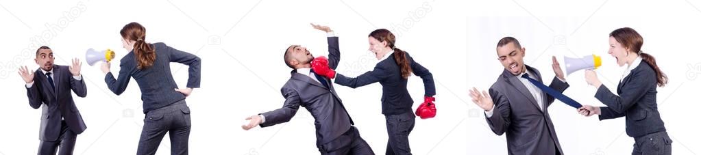 Office conflict between man and woman isolated on white