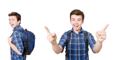 Sırt çantalı öğrenci beyaza izole edilmiş.