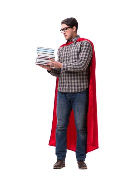 Kitapları beyaza ayrılmış süper kahraman öğrenci.