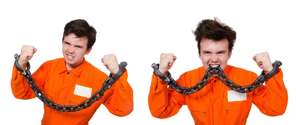 Jonge gevangene met kettingen geïsoleerd op de witte — Stockfoto