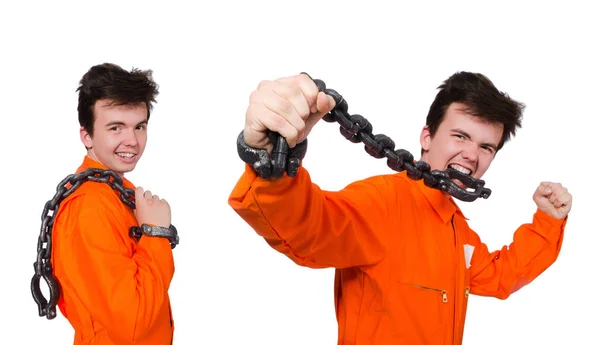 Young inmate with chains isolated on the white — Stock Photo, Image