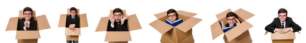 Funny man with boxes isolated on white — Stock Photo, Image