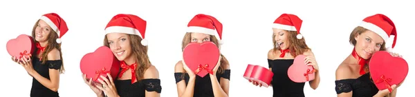 Santa flicka med giftboxes på vit — Stockfoto