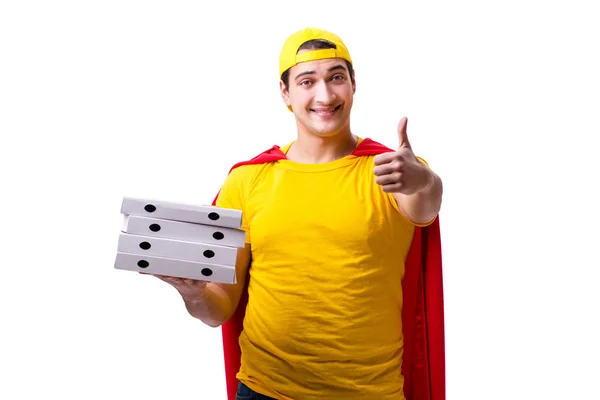 Super hero pizza delivery guy isolated on white — Stock Photo, Image