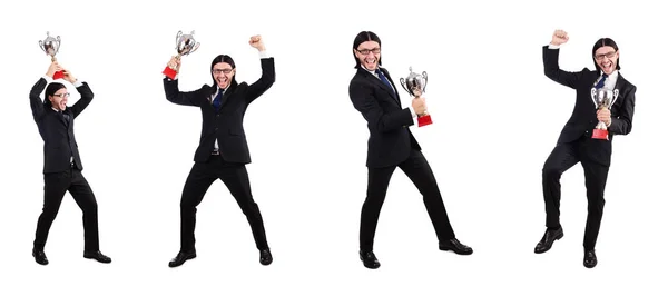 Businessman awarded with prize cup isolated on white — Stock Photo, Image