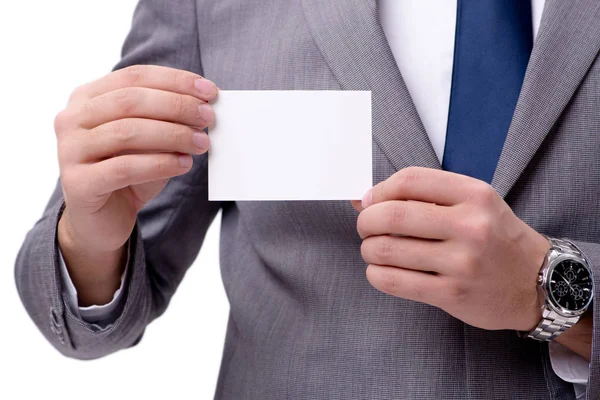 Beyaz arka plan üzerinde izole boş kartı ile işadamı — Stok fotoğraf