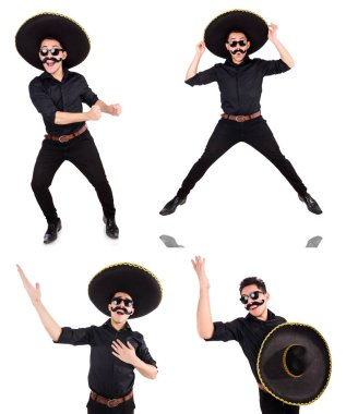 Meksika şapkası takan komik bir adam beyaz şapkalı.