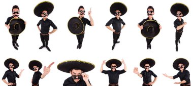 Meksika şapkası takan komik bir adam beyaz şapkalı.