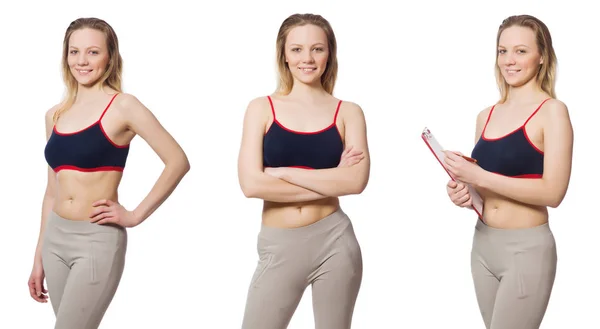 Young female doing exercises on white — Stock Photo, Image