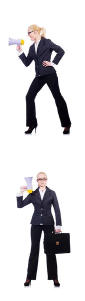 Жінка-бізнес-леді з гучномовцем на білому — стокове фото