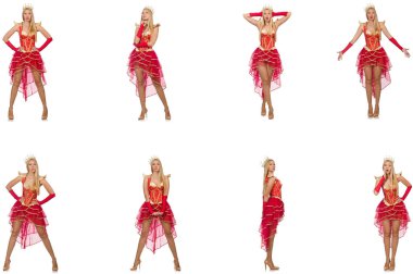 Kırmızı elbiseli kadın beyaz giyindi.