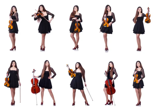 여자 연기자 화이트에 바이올린 연주 — 스톡 사진