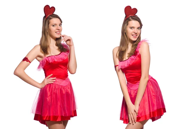 Mädchen in hübschem rosa Kleid isoliert auf weiß — Stockfoto