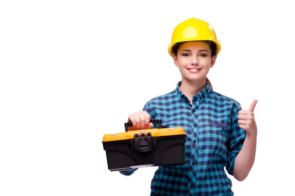 Mujer joven en concepto industrial aislada en blanco —  Fotos de Stock