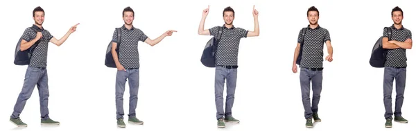 Collage eines Schülers mit Rucksack auf weiß — Stockfoto