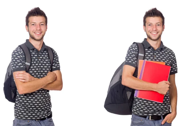 Mladý student s knihou a batoh na bílém — Stock fotografie