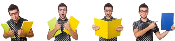 Young student with book and backpack on white — Stock Photo, Image