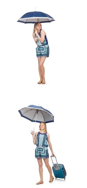 Collage einer Frau mit Regenschirm und Koffer — Stockfoto