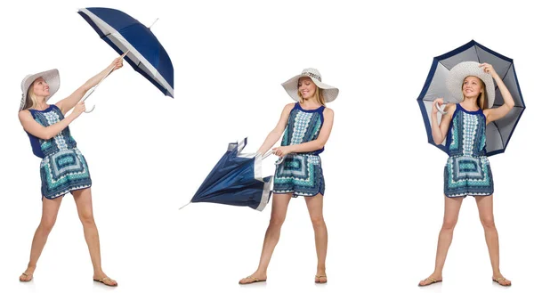 Koláž z žena s deštníkem izolované na bílém — Stock fotografie
