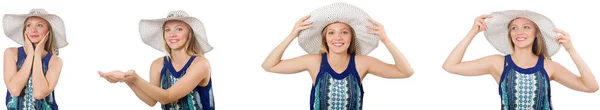 Collage av kvinna med Panamahatt isolerad på vit — Stockfoto