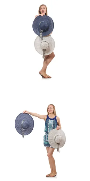 Collage van vrouw met panama hoed geïsoleerd op wit — Stockfoto