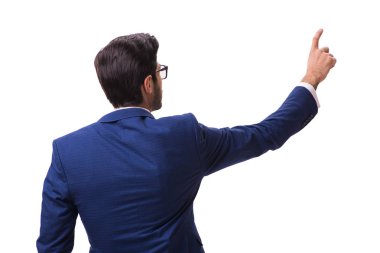 Genç işadamı beyaz izole sanal düğmelere basarak