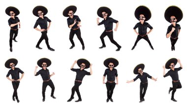 Meksika şapkası takan komik bir adam beyaz şapkalı.