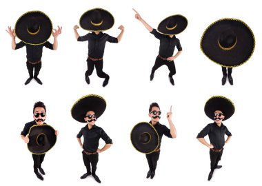 Meksika şapkası takan komik bir adam beyaz şapkalı.