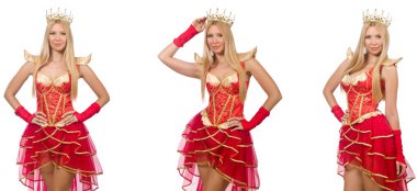 Kırmızı elbiseli kadın beyaz giyindi.