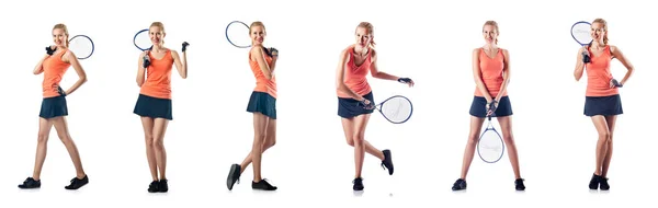 Junge Frau spielt Tennis isoliert auf Weiß — Stockfoto