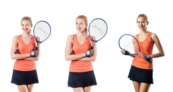 Young woman playing tennis isolated on white — Stock Photo, Image