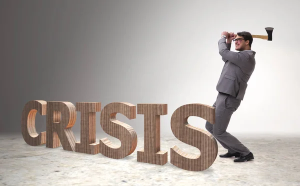 Rozhněvaný muž se sekyrou, pan slovo krize — Stock fotografie