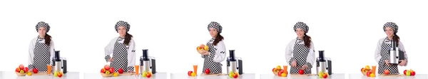 Жіночий шеф-кухар з фруктами ізольовано на білому — стокове фото