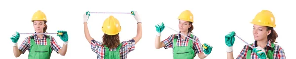 Lavoratrice in tuta verde isolata su bianco — Foto Stock