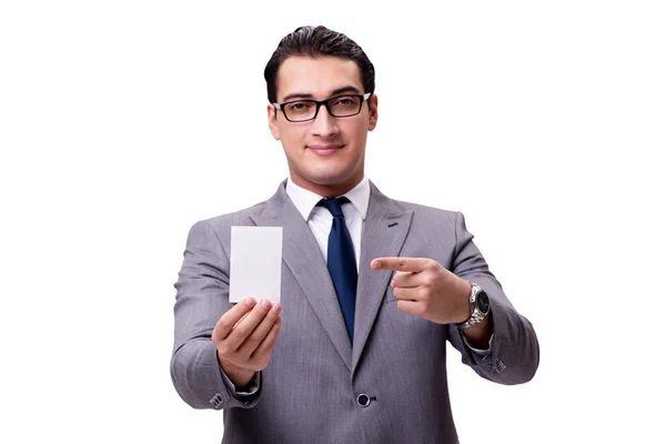 白い背景に分離された空白の名刺を持ったビジネスマン — ストック写真