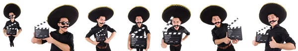 Uomo divertente che indossa cappello sombrero messicano isolato su bianco — Foto Stock