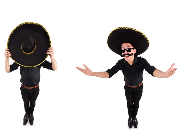 Homem engraçado usando chapéu sombrero mexicano isolado em branco — Fotografia de Stock