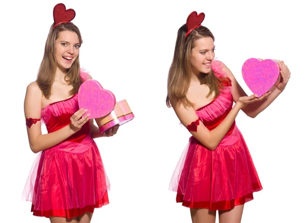 Mädchen in hübschem rosa Kleid mit Geschenkbox isoliert auf weiß — Stockfoto