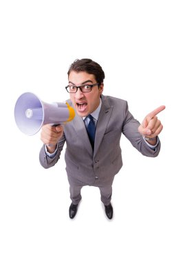 Beyaz arka plan üzerinde izole hoparlörü ile işadamı