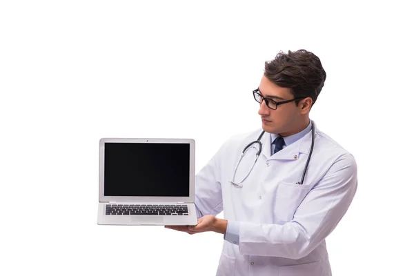 Docteur avec ordinateur portable isolé sur fond blanc — Photo